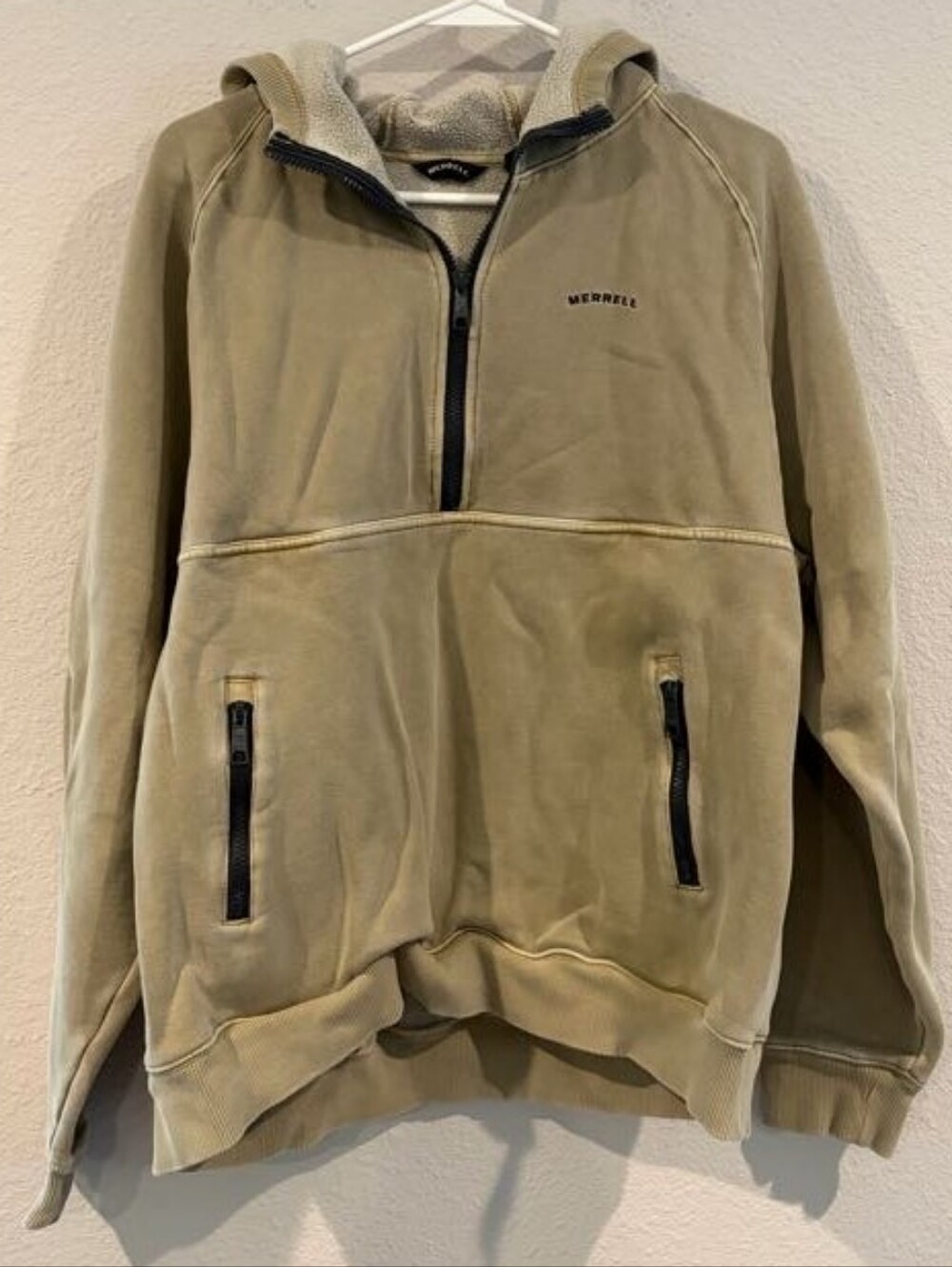 Merrell Mens Classic Casual Tan 1/2 Zip Pullover Hoodie Sweatshirt Size Large